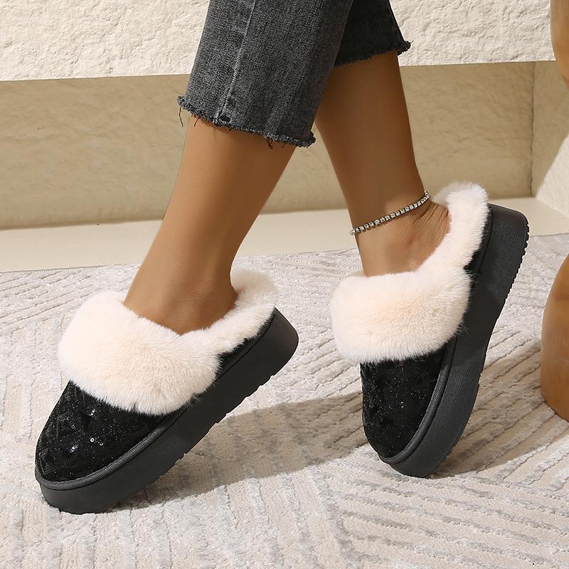 fashion New Winter Faux Fur Warm Women Snow Boots Luxury Sequined Plush Ankle Boots Non-Slip Thicken Fluffy Short Boots Mujer