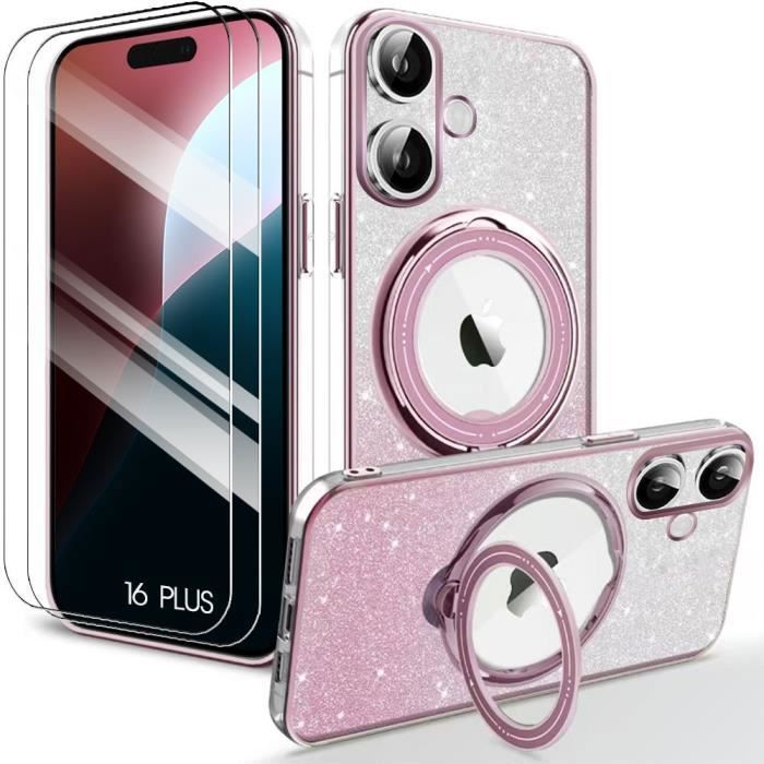 Coque de protection - BOOLING - pour iPhone 16 Plus - Silicone brillant - Support magnétique - 2 verres trempés