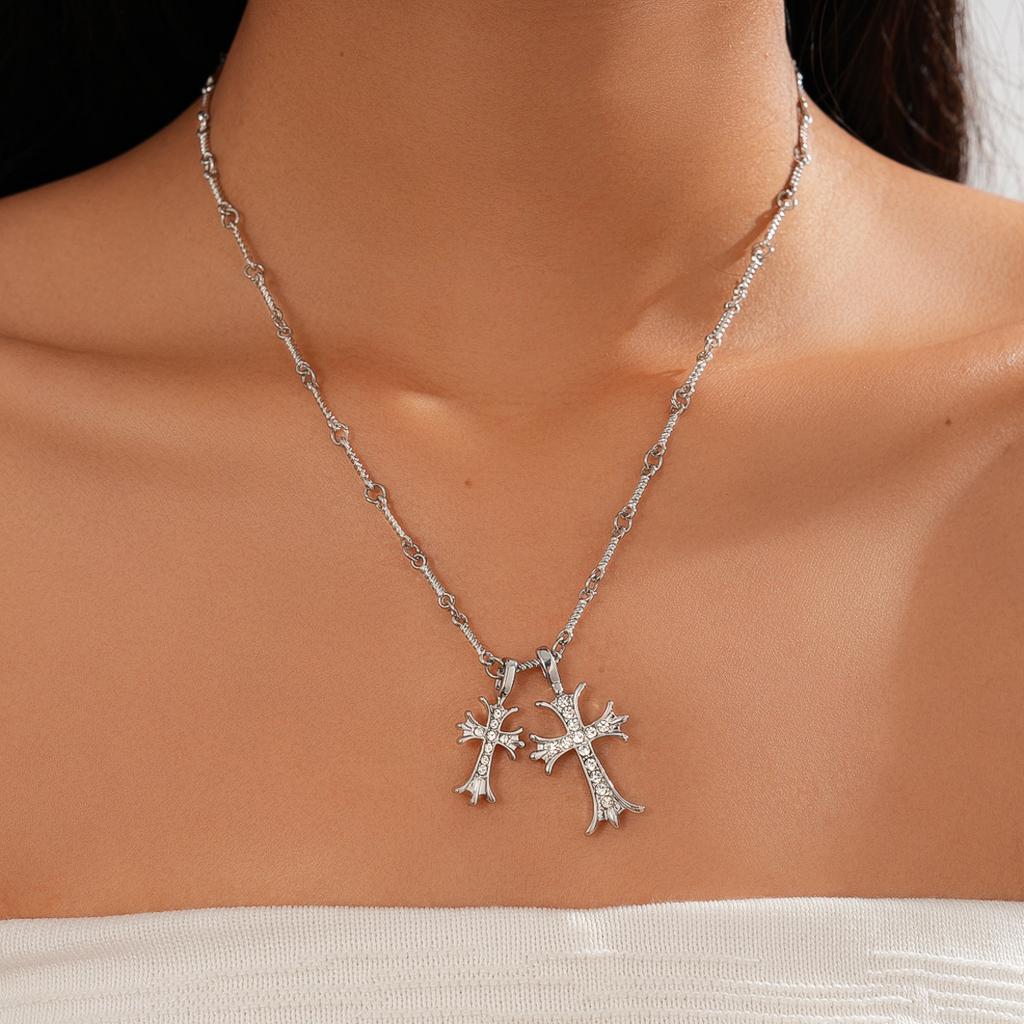 18k Real Gold Electroplated Diamond Set Double Cross Pendant Sweater Chain Necklace