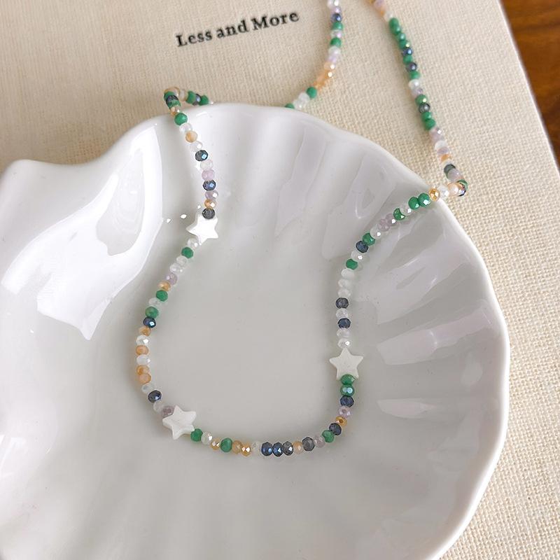 Creative Mix Color Glass Beads White Shell Star Beaded Necklace for Women Girls Gold Plated Alloy Chain Strand Chokers