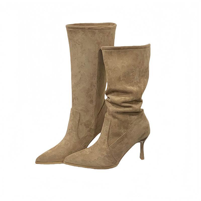 Upgraded version~ khaki boots women's stiletto 2025 new pointed short boots high heels thin medium tube stacking boots