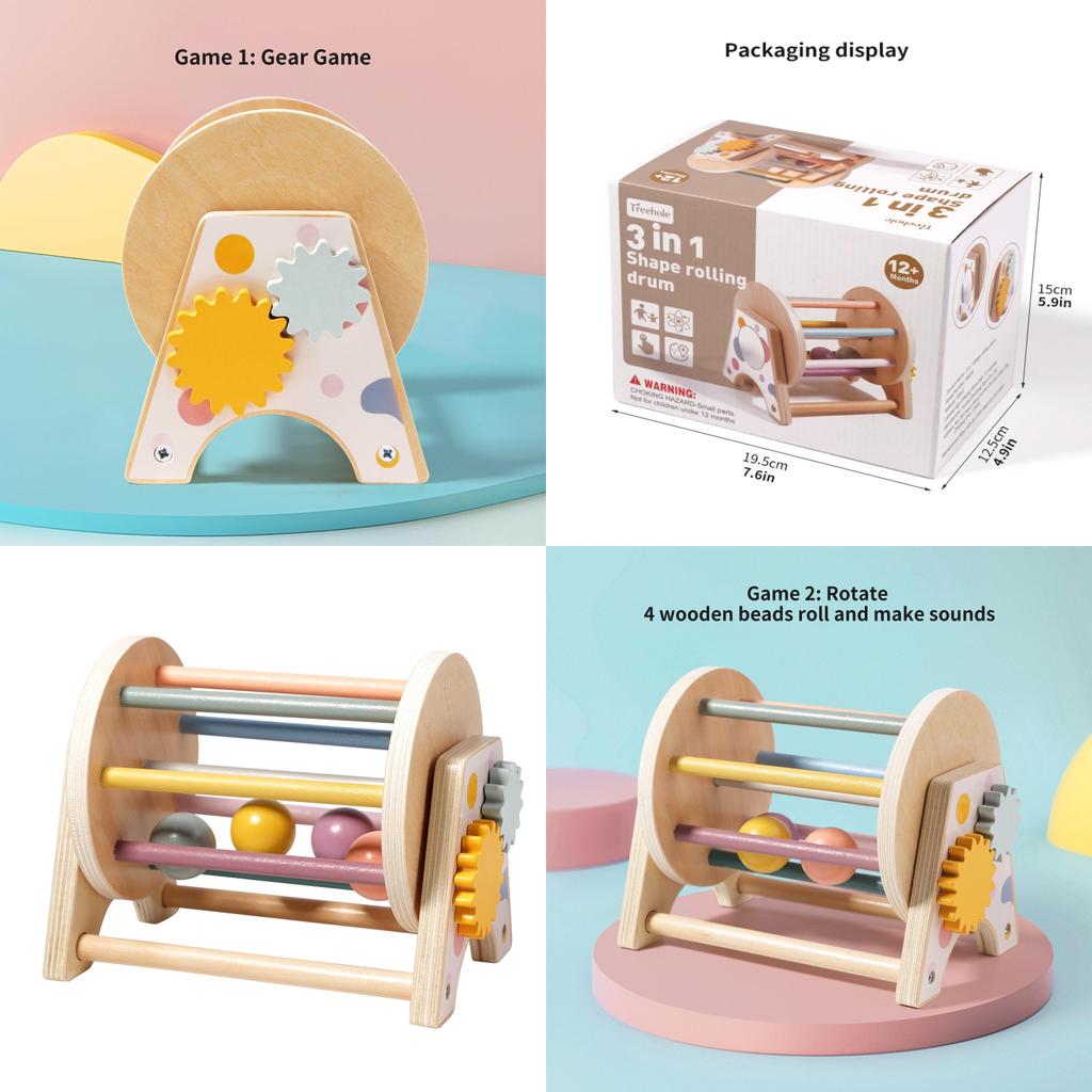 Wooden Montessori Threeinone Desktop Rattling Drum For Toddlers Educational Toy