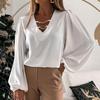 Women Blouse Hollow Out Chain V Neck Polyester Long Sleeve Solid Color Blouse Top Shirt  2XL Women's Clothing