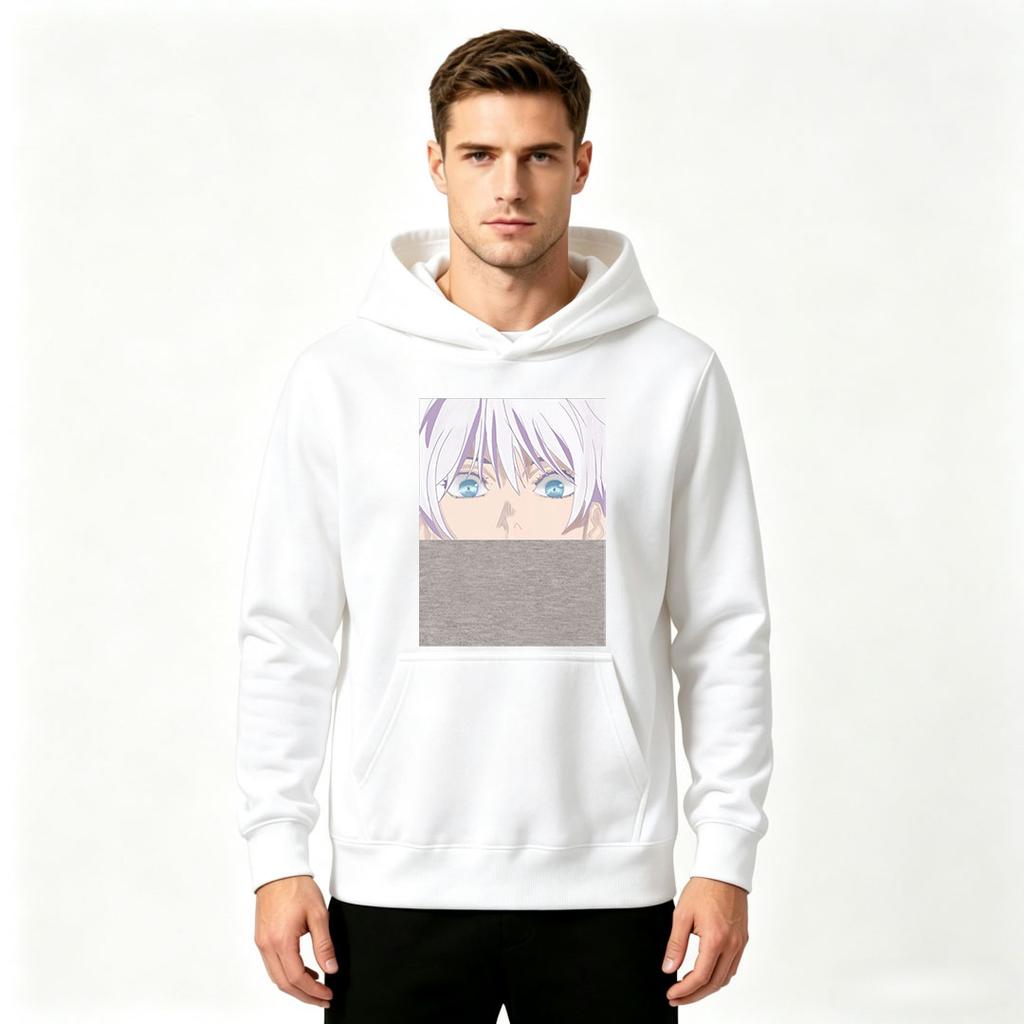 Men Anime Blue Eyes Character Print Pullover Hoodie Casual Long Sleeve Sweatshirt for Daily Wear