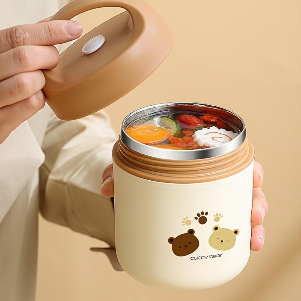 Cartoon Bear Insulated Porridge Cup Wide Mouth Leak-proof Thermal Soup Cup Sealed 304 Stainless Steel Inner Breakfast Cup