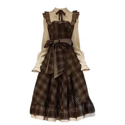 Checkered Blouse for Long Sleeve School [SDSXZWG] Cute, Women, Mass-Produced Style, Ribbon, Ruffle, Floral, Lace, Blouse/Shirt, Princess-Style,