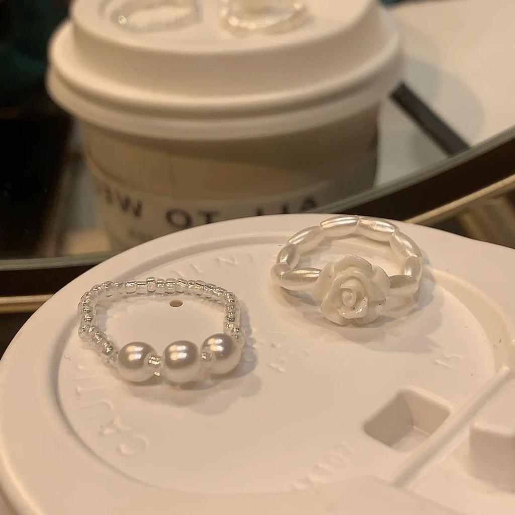 Early Spring Flower Ring Female Niche Design High Sense Sweet Versatile Handmade Beaded Two-piece Ring Set Female