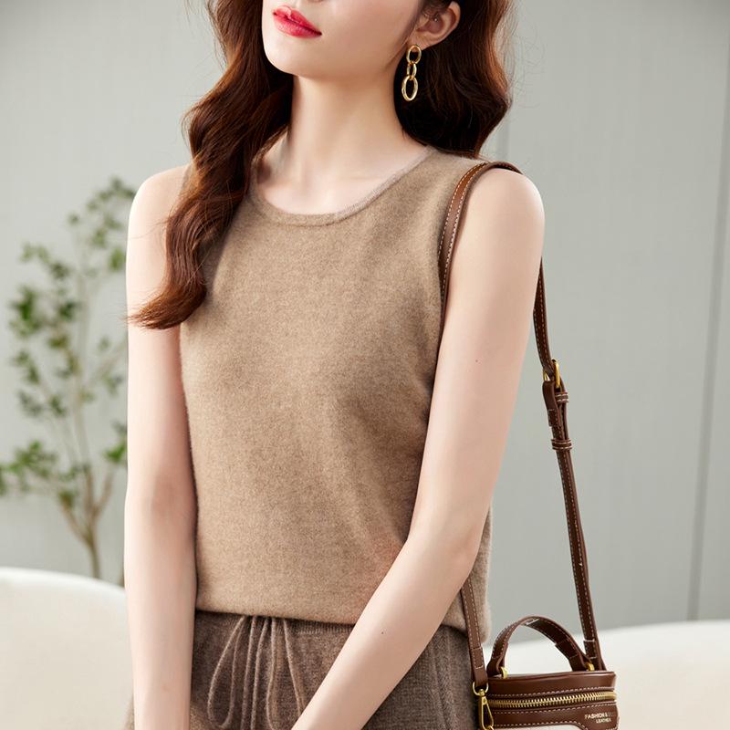 Women's 100% Cashmere Round Neck Spaghetti Strap Knit Vest - New Autumn/Winter Style Sleeveless Base Layer.