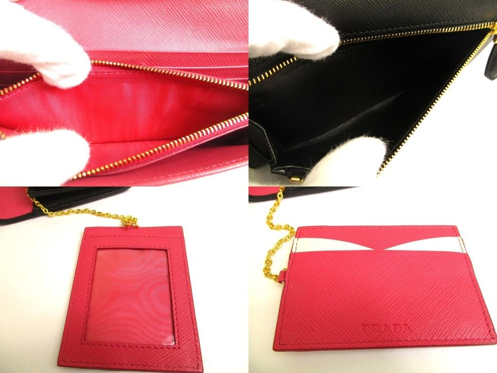 Authentic PRADA Saffiano Black Hibiscus Leather Bifold Long Flap Wallet #a886  Refurbished