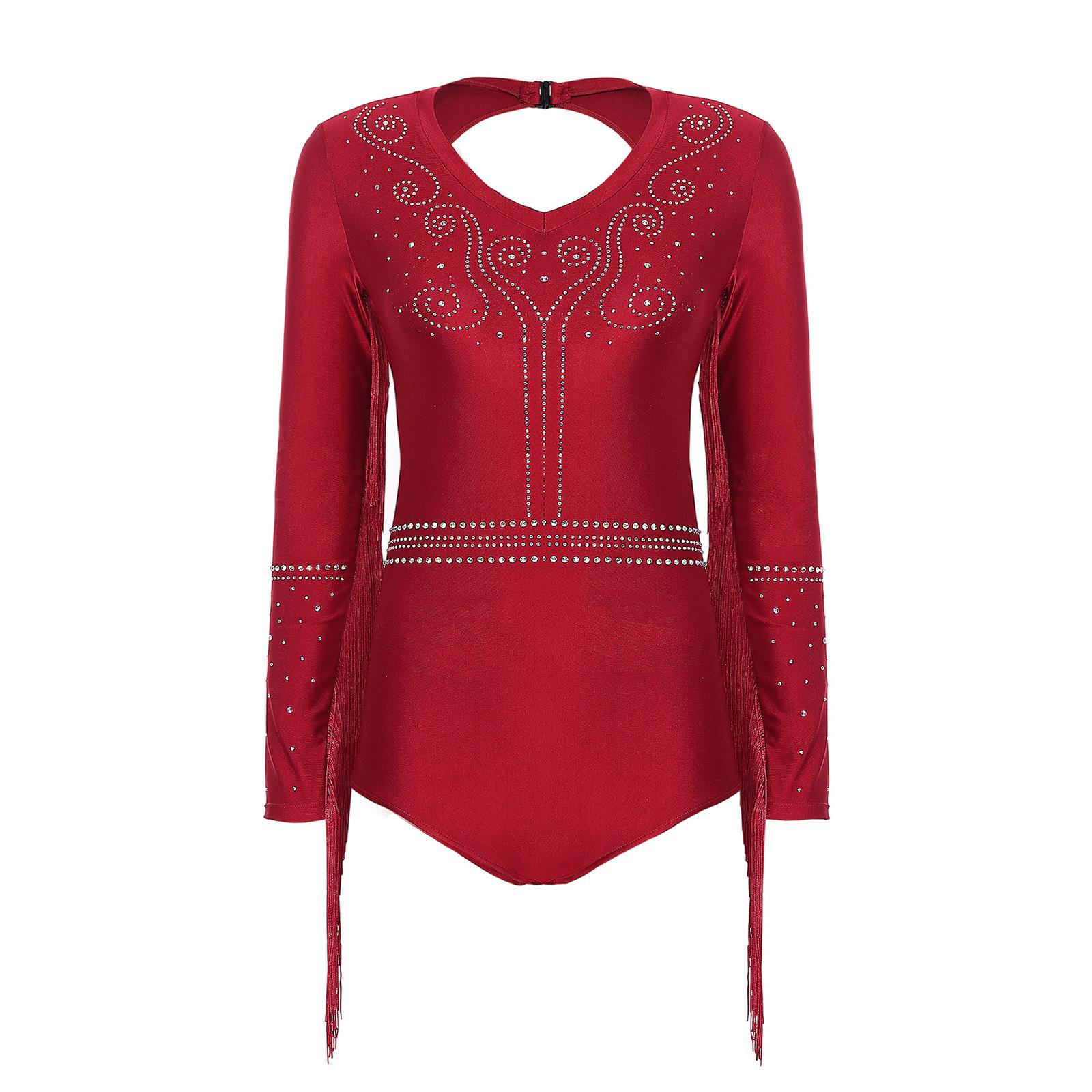 

Женский костюм для латинских танцев, блестящий купальник со стразами и кисточками, V-образный вырез, длинный рукав, вырез на спине, боди для танго S бордовый