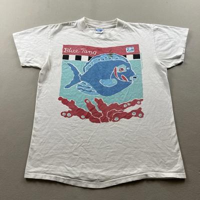 Vintage Blue Tang Fish T-Shirt Mens XS White Ocean Coral Reef Art Made USA 90s
