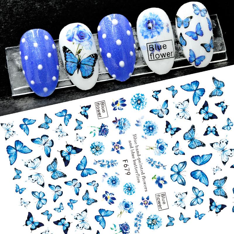 Holographische Schmetterling Nail Art Aufkleber - Blaue und Lila Schmetterlinge, Frühlingsthema Blumen, 3D Selbstklebende Nageldekoration
