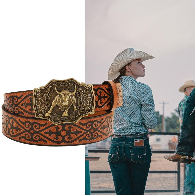 Vintage Men Teens Relief Bull Head Waist Belt PU Embossed Pattern Cowboy Belt