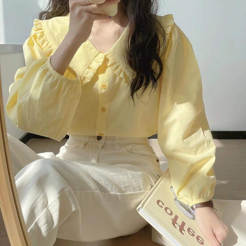Women Ruffled Peter Pan Collar Long Sleeve Solid Color Blouse S жёлтый