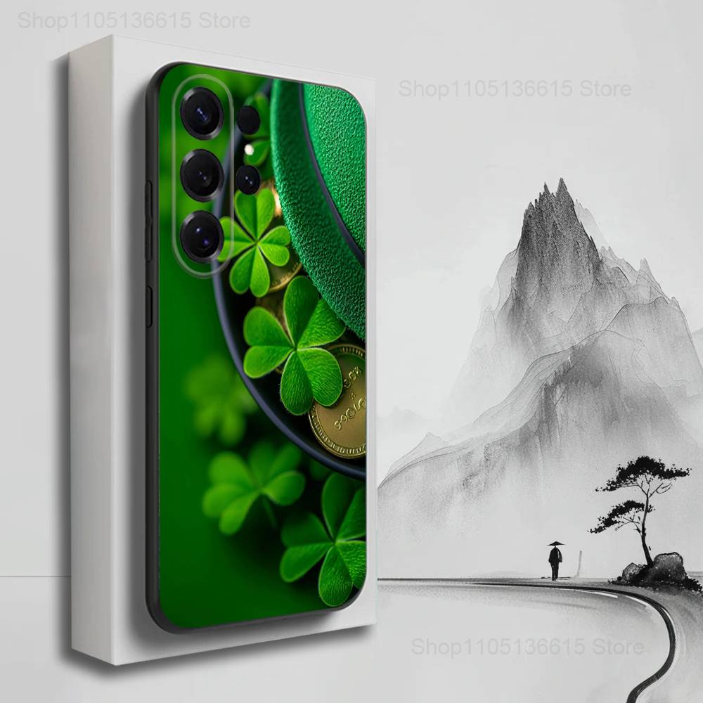 Four Leaf Clover Lucky Art Phone For Samsung S25,S10,S20,S10,S21,S9,S24,S23,Ultra,FE,Plus,Lite,Soft Silicone Black Cover