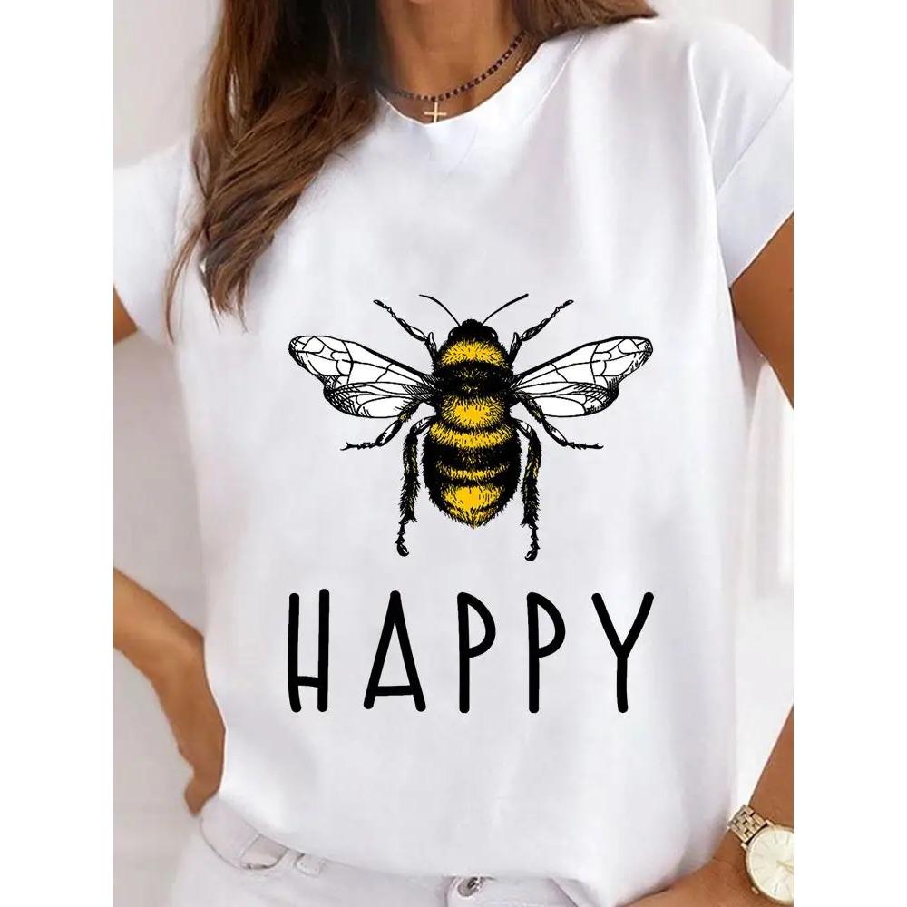 Summer Round Neck Love Flower Butterfly and Bee Pattern 3D Print Top Fashionable Casual Short Sleeved Women's T-shirts