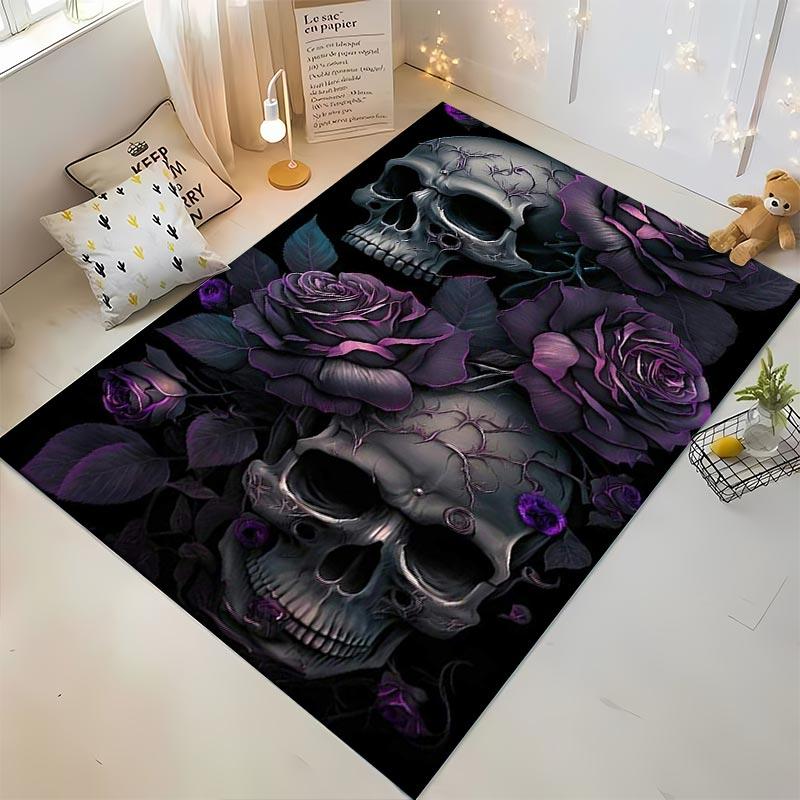 "Dark Gothic Skull and Purple Roses Printed Carpet for Home Decor" Suitable for use as an anti-slip for living room bedroom sofas
