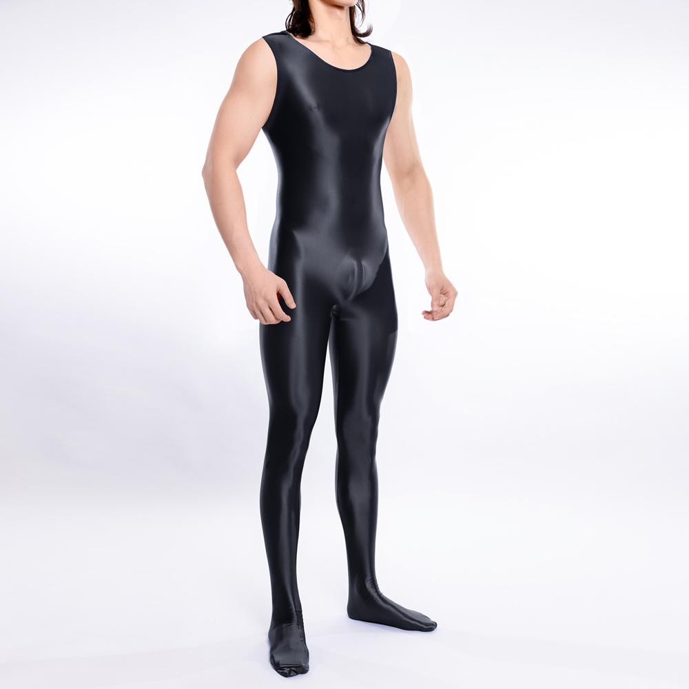 Sexy Men Candy Color Oil Glossy Shiny Shapping Bodysuit Smooth Sheer See Through Tights Elastic Fitness Leotard Sleeveless