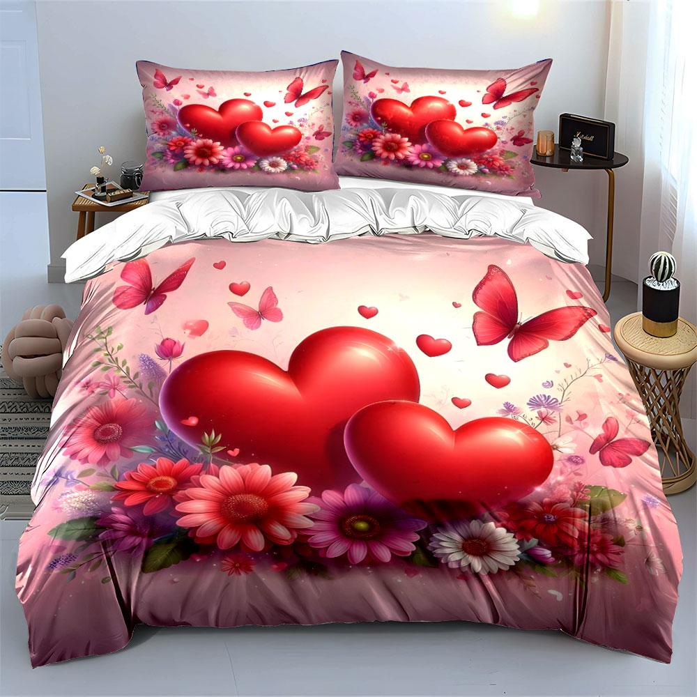 Romantic Hearts and Floral Set kid's and adults' bedroom decor, Exquisite three-piece bedding set gift