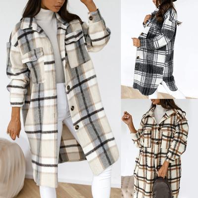 Women‘s New Long Sleeve Plaid Print Button Open Front Long Cardigan Outerwear