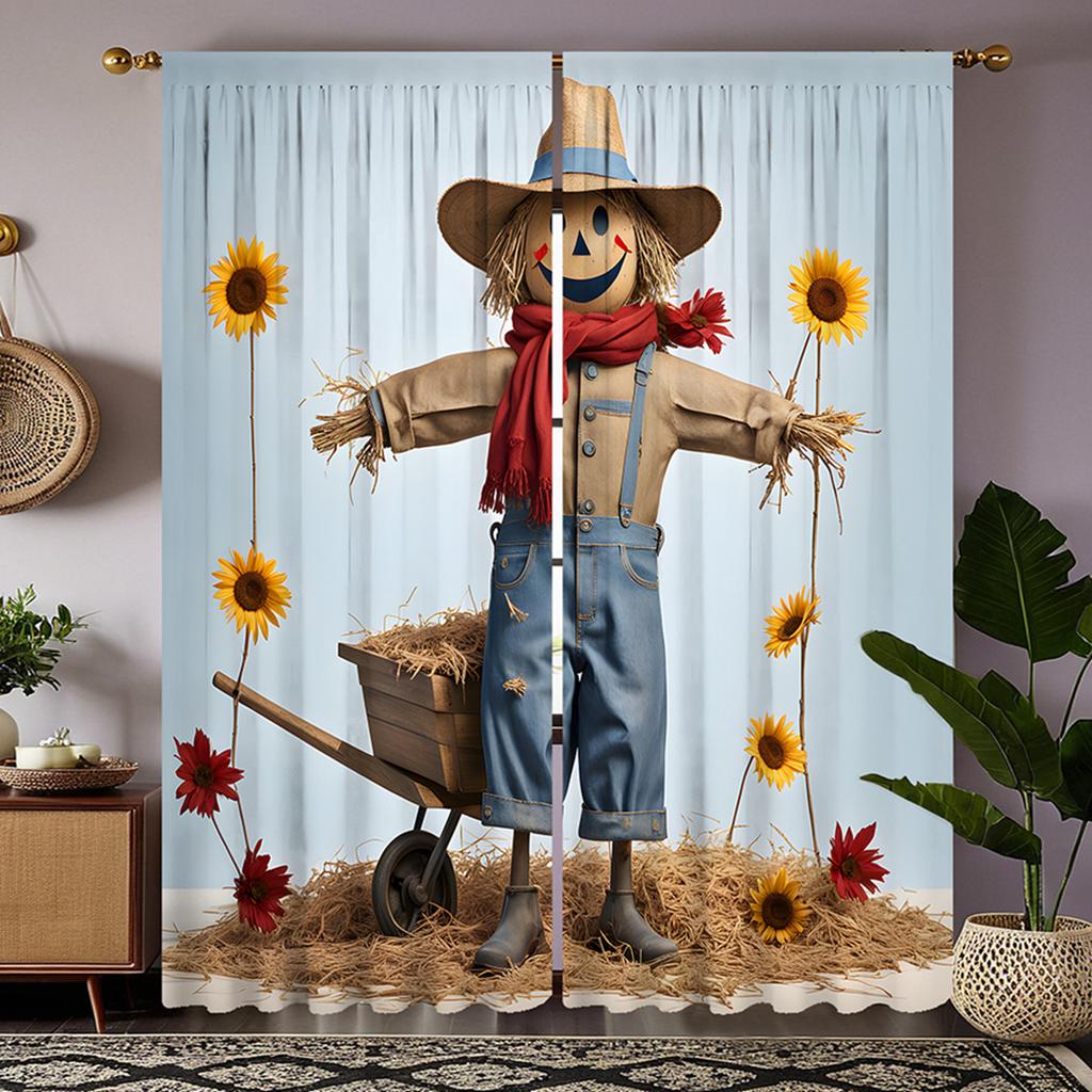 2 Stück HD Trolley neben der Strohpuppe dekorativer Vorhang weißer Bindeband digital bedruckter Vorhang Heimdekorationsstil dekoriert