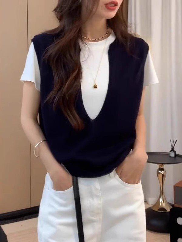 

Женский трикотажный топ большого размера с коротким рукавом и эффектом двухслойности из ледяного шелка - Коллекция 2025 M - for 90-100 jin