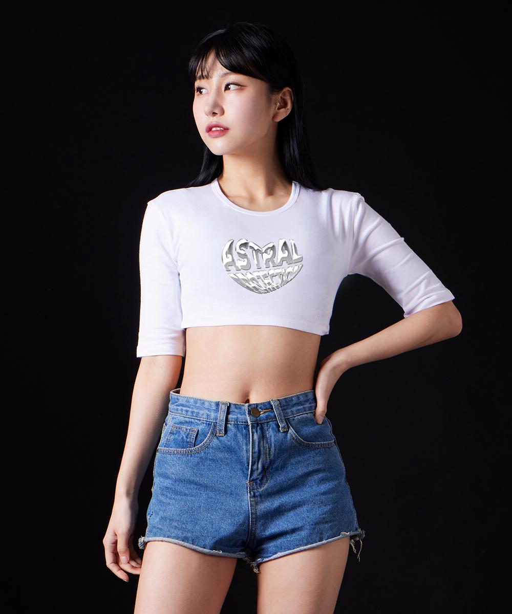 Astral Projection Chrome Heart Supima Spandex 5-Quarter Sleeve Short Crop Top_White Free