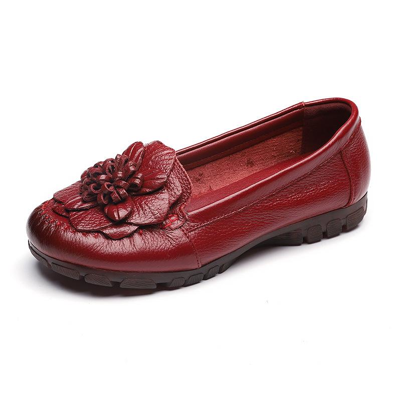 Women's Genuine Leather Non-slip Flat Shoes - Comfortable Round Toe for Middle-aged & Elderly