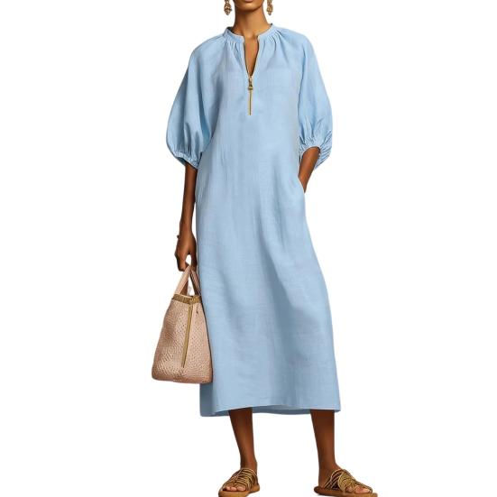 

Women s Summer Cotton Linen Dress Casual Puff Half Sleeve Long Tunic Dress Zip Up Crew Neck Loose Vacation Dress with Pockets M небесно-голубой