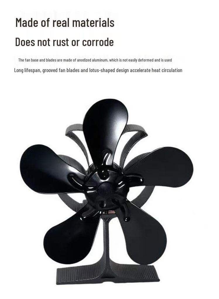 Leaf Thermo-dynamic Aluminum Fireplace Fan: High-Temperature Resistant Rotating Heating Plate for Portable Thermal Energy Generation.