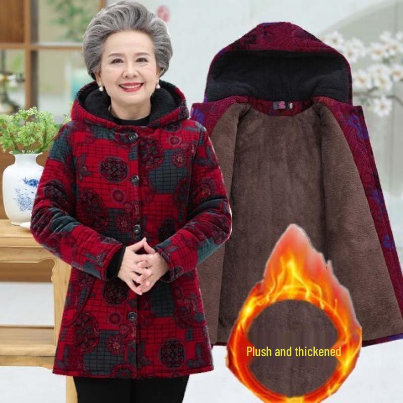 Elderly Women's Cotton-Padded Winter Jacket - Thickened Velvet Coat for 70-Year-Olds