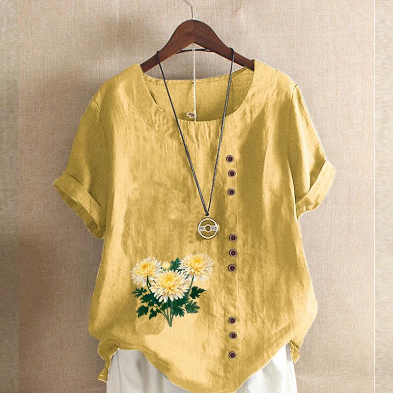 Women's Fashion Chrysanthemum  Prined Round Neck Short Sleeve T-shirt Casual Cotton Linen Graphic Shirt Leisure Loose Summer Blouse Tops