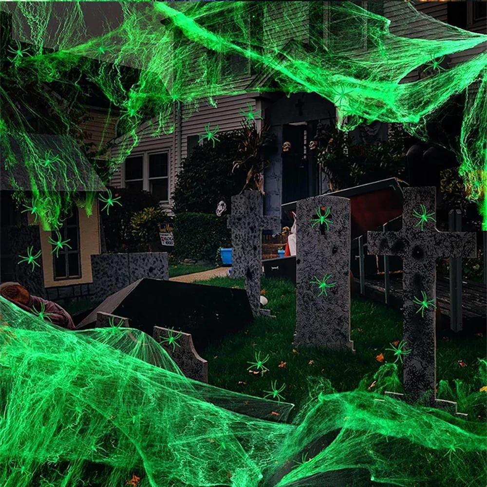 Svítící pavučina, pružná umělá pavučina s falešnými pavouky, halloweenské dekorace, venkovní hororové dekorace do strašidelného domu