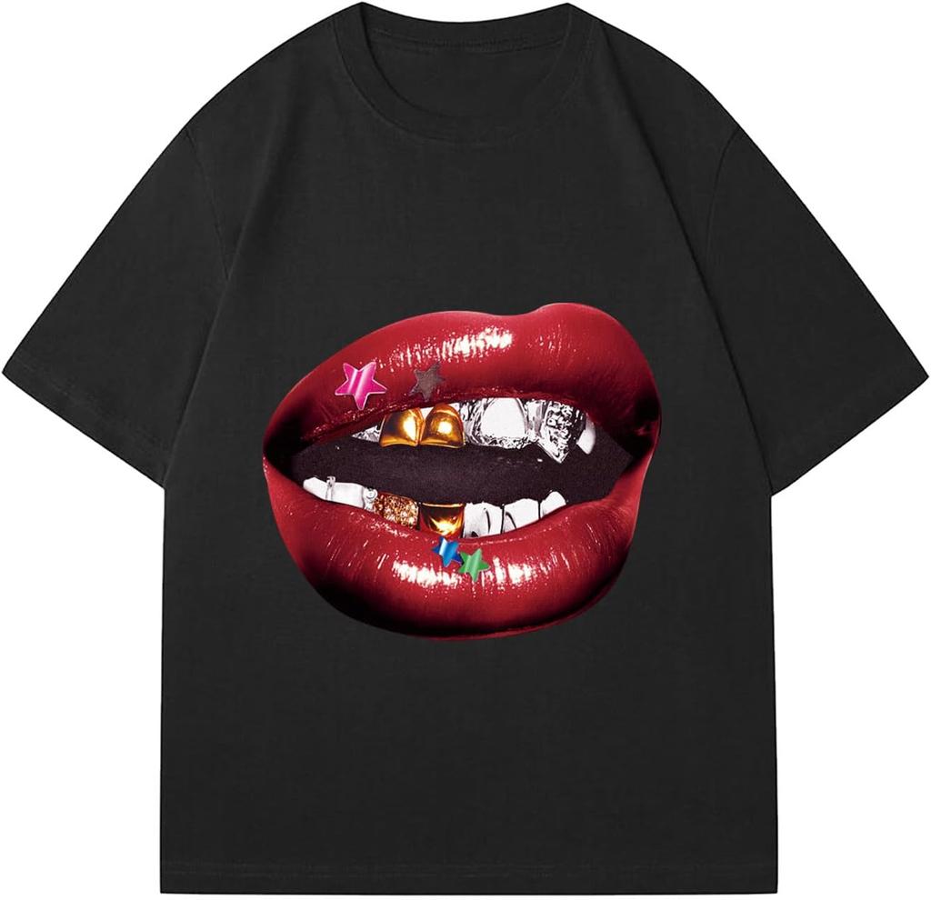 Chic Lips Zlaté zuby Vintage tričko Rock Goth Ležérní tričko Oblečení Pánské Oversized Bavlněné tričko Harajuku Y2k Topy Streetwear