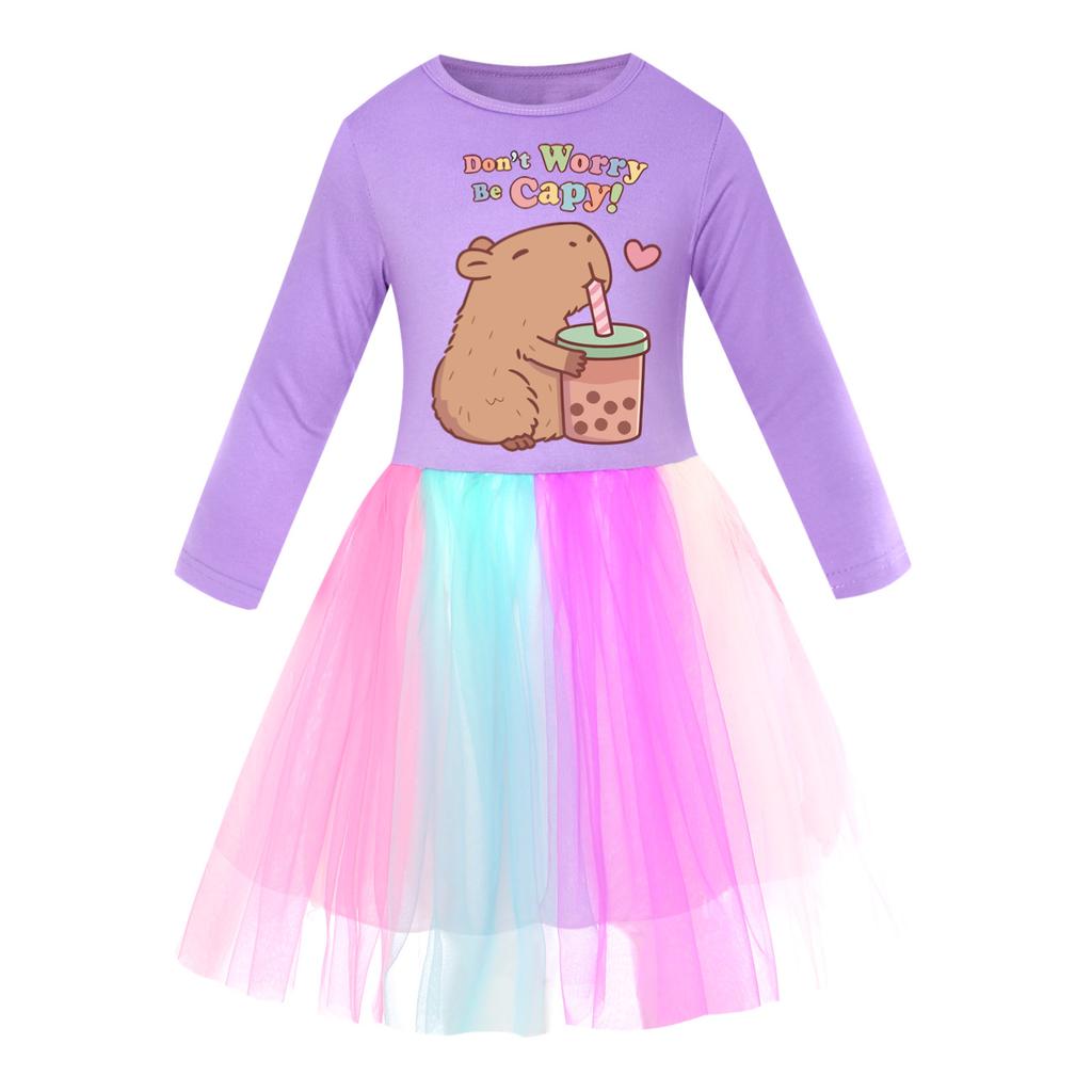 Girls star rainbow lace copybara print dress