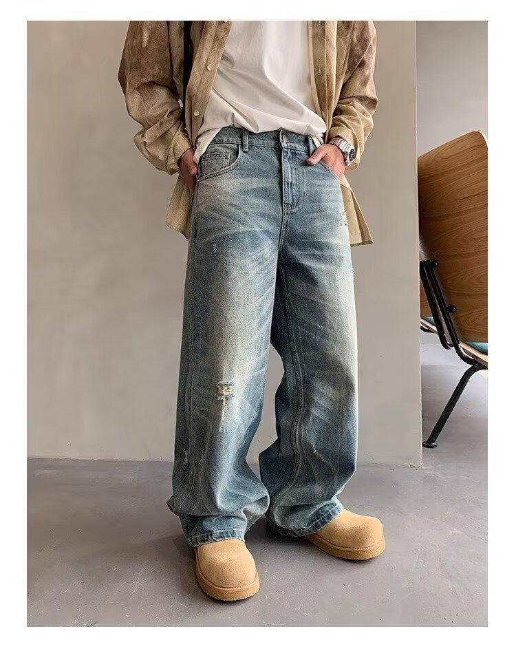 Men's Washed Distressed Wide-Leg Jeans - Retro American Street Style, Floor-Length, Perfect for Spring and Autumn