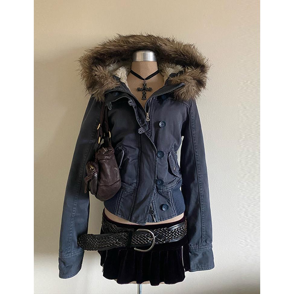 Giacca Foderata in Pelliccia Y2K Cappotto con Cappuccio Vintage da Donna con Bordi in Pelliccia Sintetica e Polsini a Coste Giacca Corta Casual