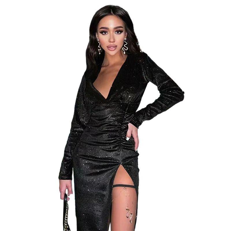 Banquet V-neck Slim-Fit Long Sleeve Dress Evening Dress