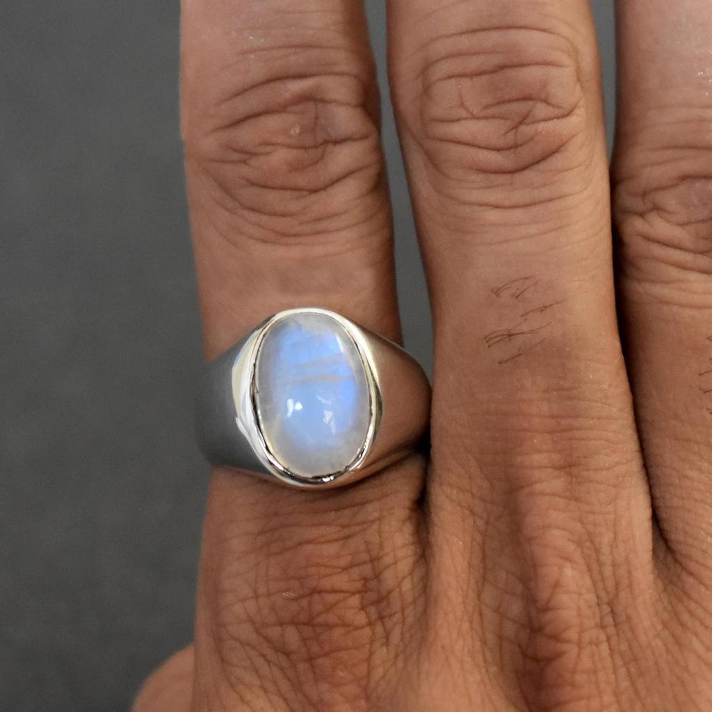 Blue Fire Rainbow Moonstone 925 Sterling Silver Signet Ring Jewelry, Handmade Fine Silver Moonstone Ring