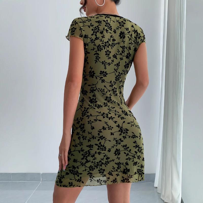 Damen Sommer Sexy Blumen bestickt V-Ausschnitt Farbe Kontrast Rand A-Linie Kleid