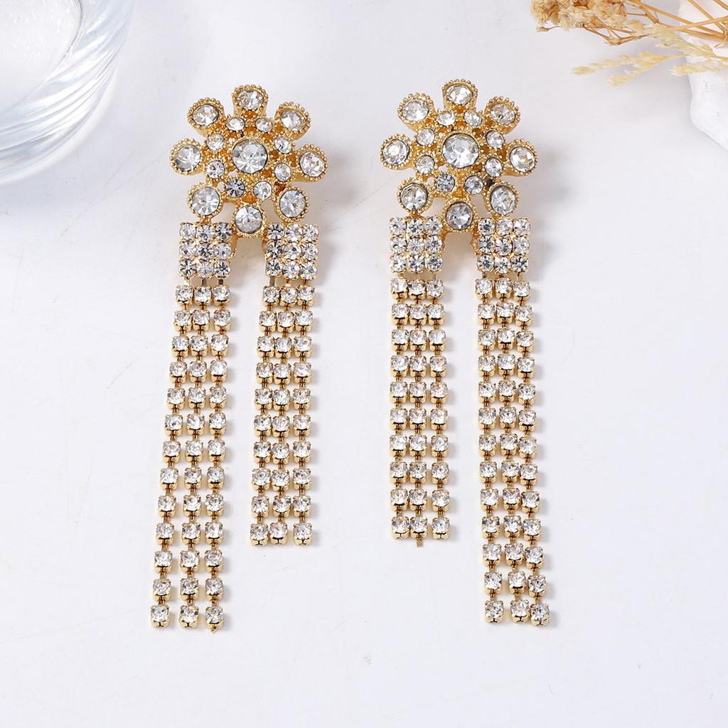 Exquisite Light Luxury Fashion Heavy Industry Alloy Full Diamond Tassel Claw Chain Flower Shiny Long Women's Earrings
