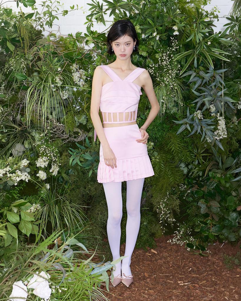 Leobyui Box Pleated Satin Skirt Pink