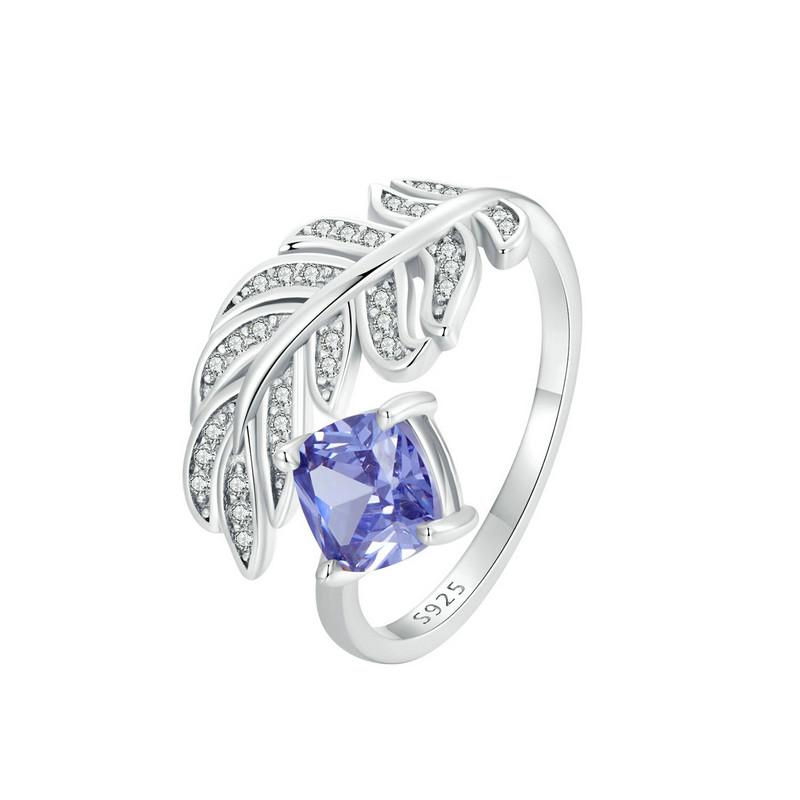 

BAMOER 925 Sterling Silver Adjustable Feather Ring For Women with Blue Gemstone Dainty Feather Sizable Ring Jewelry BSR518-E