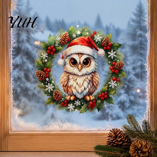 Home Beautification Stickers Christmas Owl Wreath Static Window Cling, Winter Holiday Glass Sticker, Customizable Patterns No?Glue Reusable