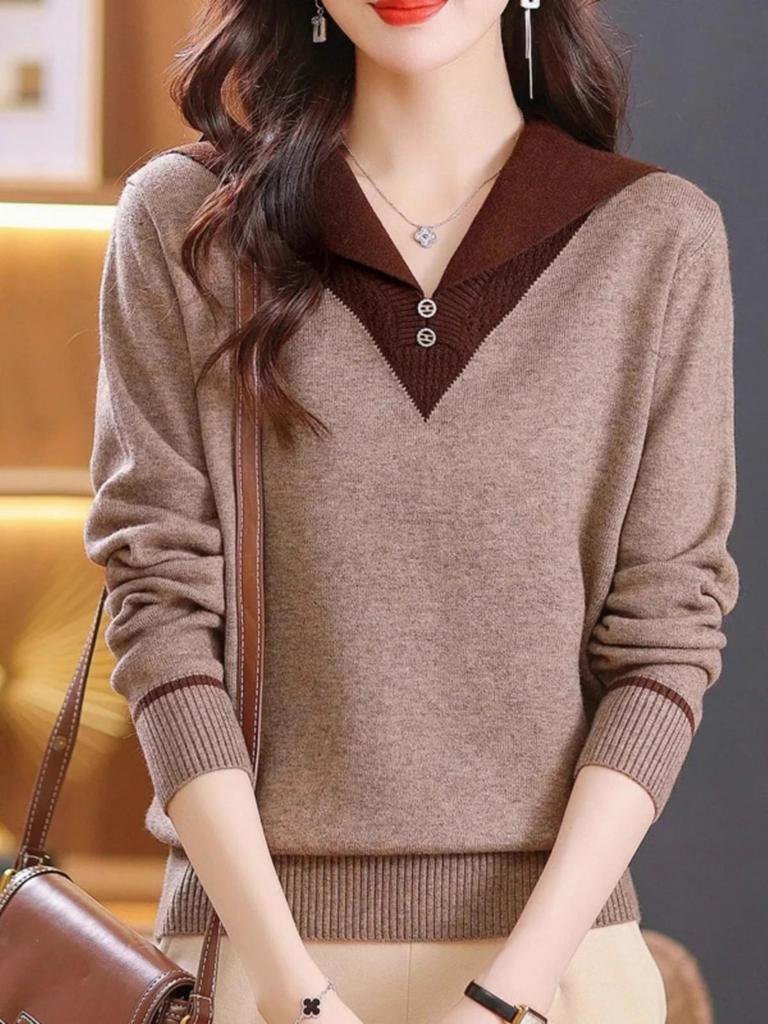 Nový stylový pletený svetr v barevných blocích - Dámský úzký top podzimní/zimní móda