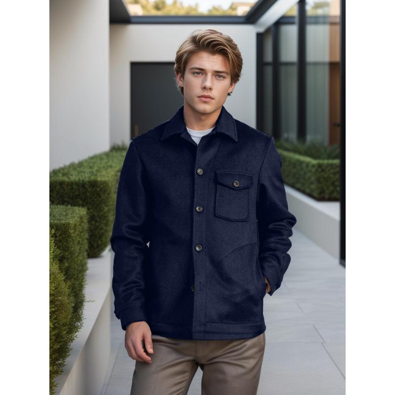 Autumn and Winter New Men's Clothing Multi-pocket Woolen Coat Single-breasted Solid-color Woolen Coat Trench Coat