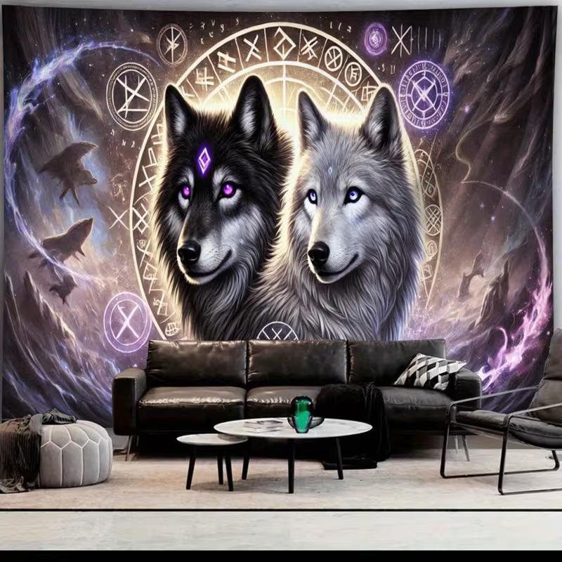 2D Mystical Wolf Tapestry Purple Norse Runes Home Background Decor