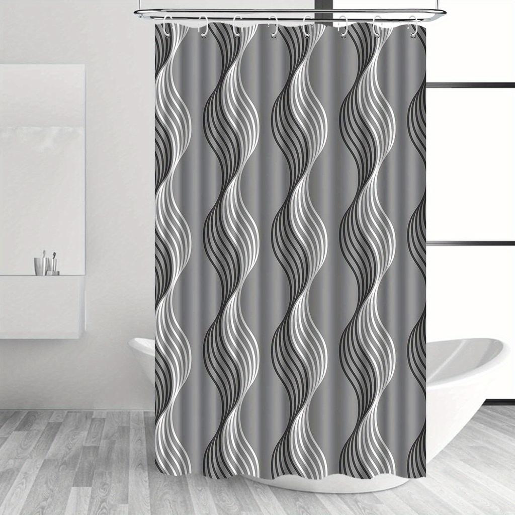 Abstrakte Wellenlinien Duschvorhang Grau und Weiß Geometrisches Design Wasserdicht Bad Dekor Elegante Zeitgenössische Badezimmer Vorhänge