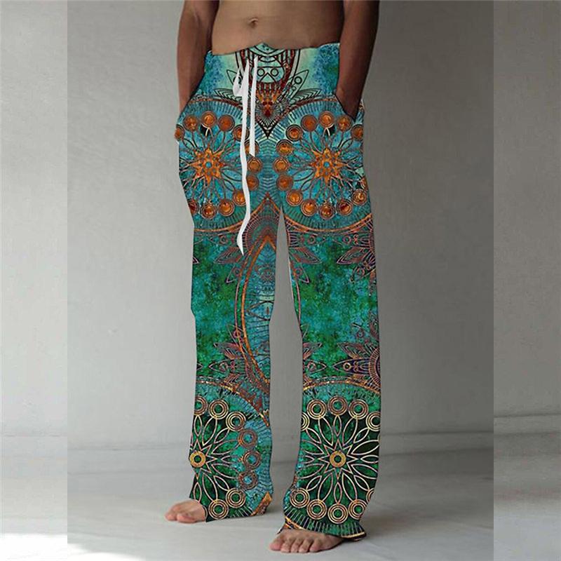 Vintage 3D Digital Printing Loose Trousers Men Drawstring Waist Casual Linen Pants Fashion Streetwear Long Pant for Male