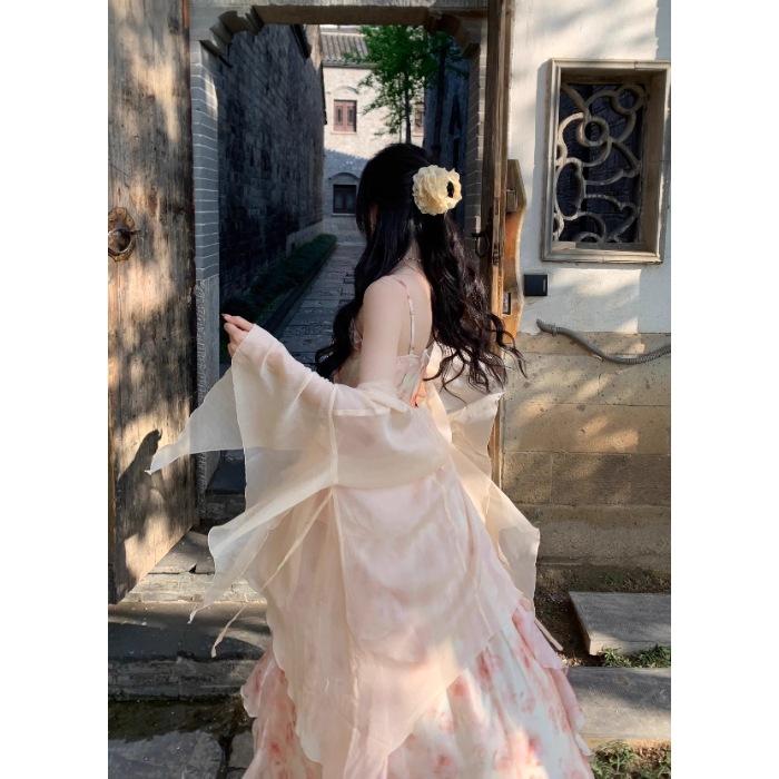 2026 summer new Eden oil painting smudge printing waist ruffle edge suspender skirt Korean version temperament dress